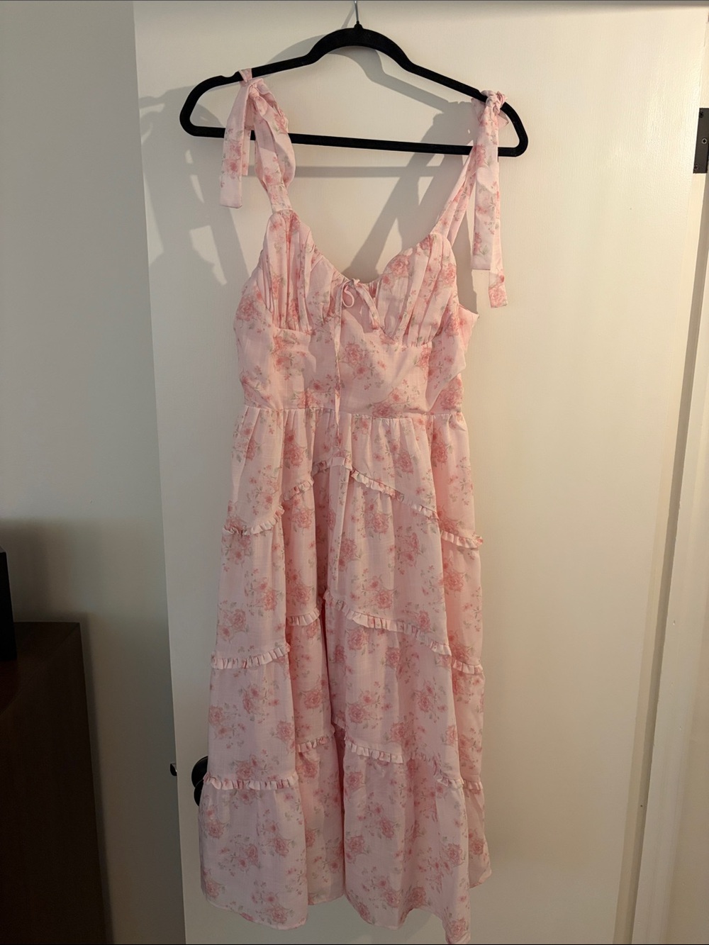 Lulu's Pink Floral Tie-Shoulder Midi Dress